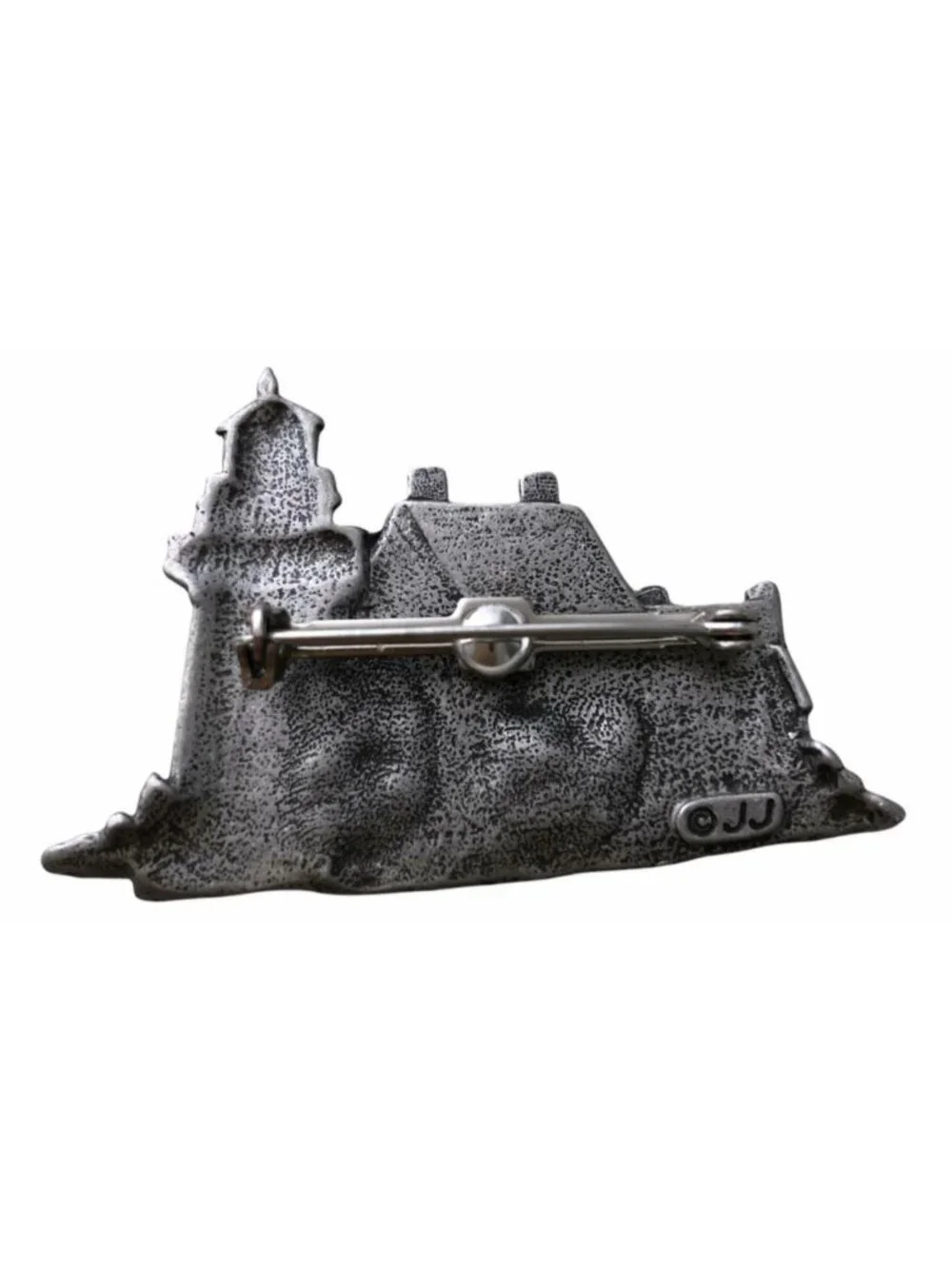 JJ Jonette Guiding Light Lighthouse Cottage Pin Brooch Pewter Signed 1 3/4